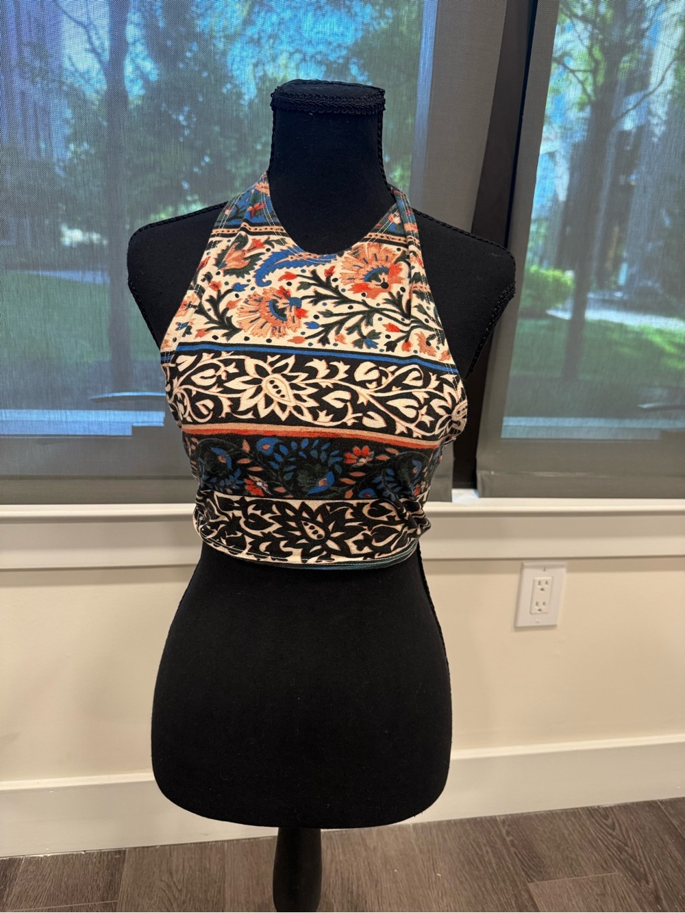 Urban Outfitters Floral Halter Crop Top - Blue, Orange, Black, Cream